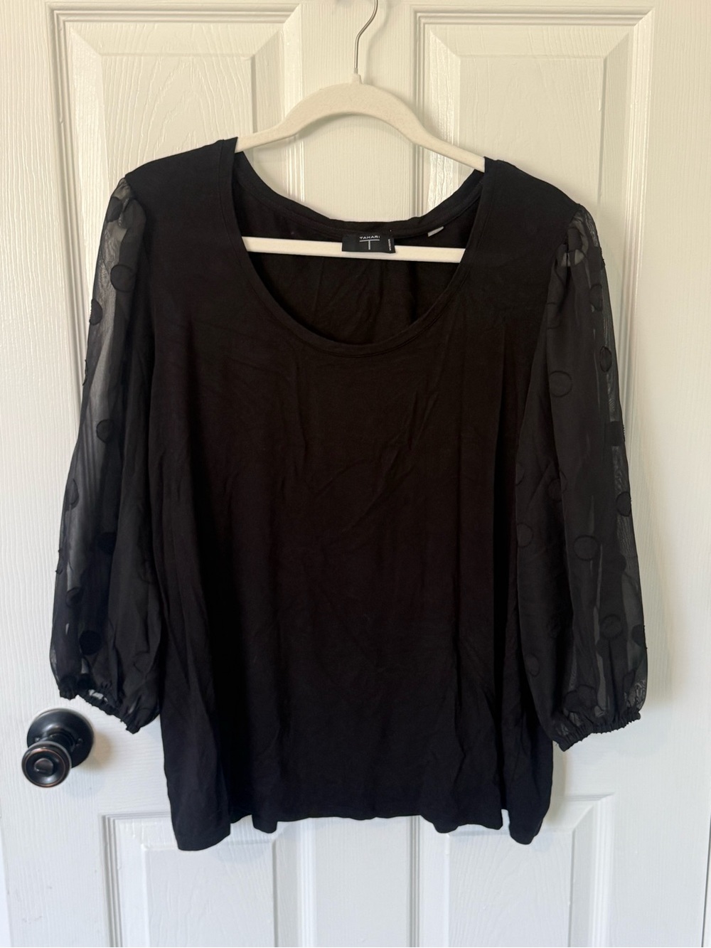 Tahari Black Blouse Sheer Polka Dot Sleeves 1X